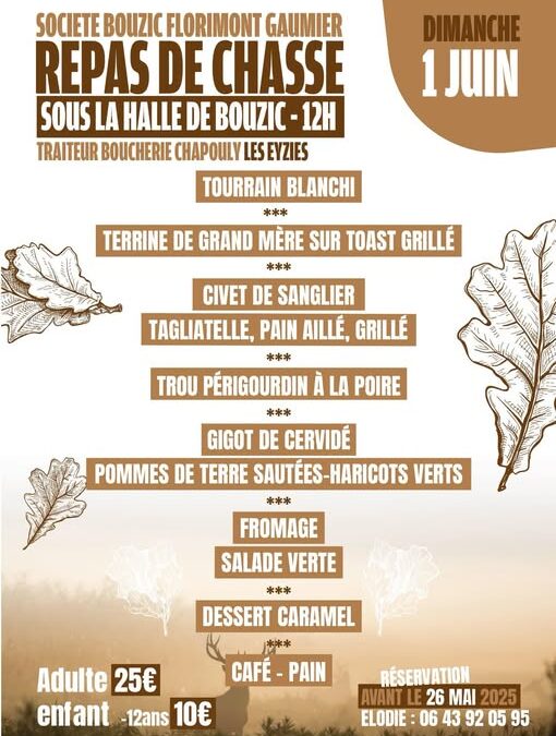 REPAS DE CHASSE à Bouzic le dimanche 1er juin 2025