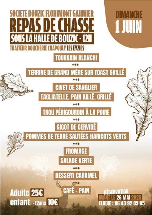 REPAS DE CHASSE à Bouzic le dimanche 1er juin 2025